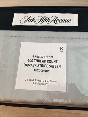 Saks Fifth Avenue KING Sheet Set Grey 4 pc Flat/Fitted/2 Pillowcases 400 TC